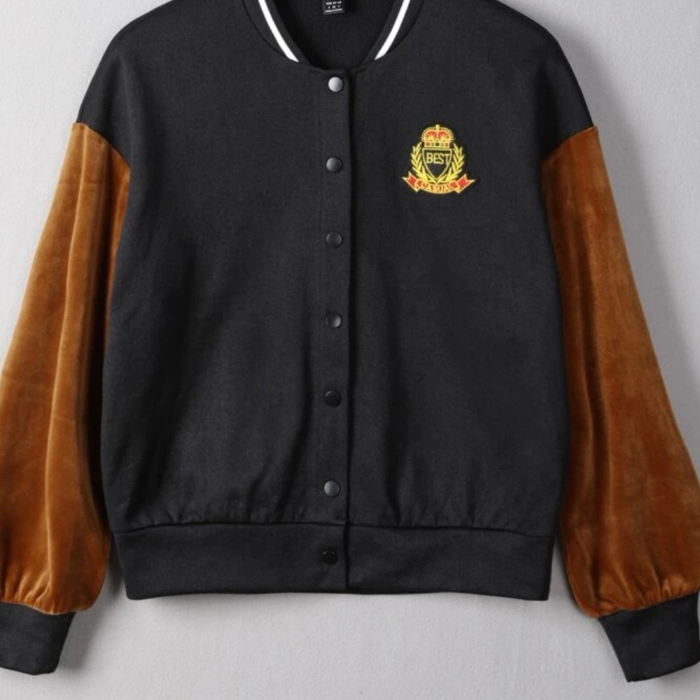 Letter Embroidery Drop Shoulder Colorblock Varsity Jacket